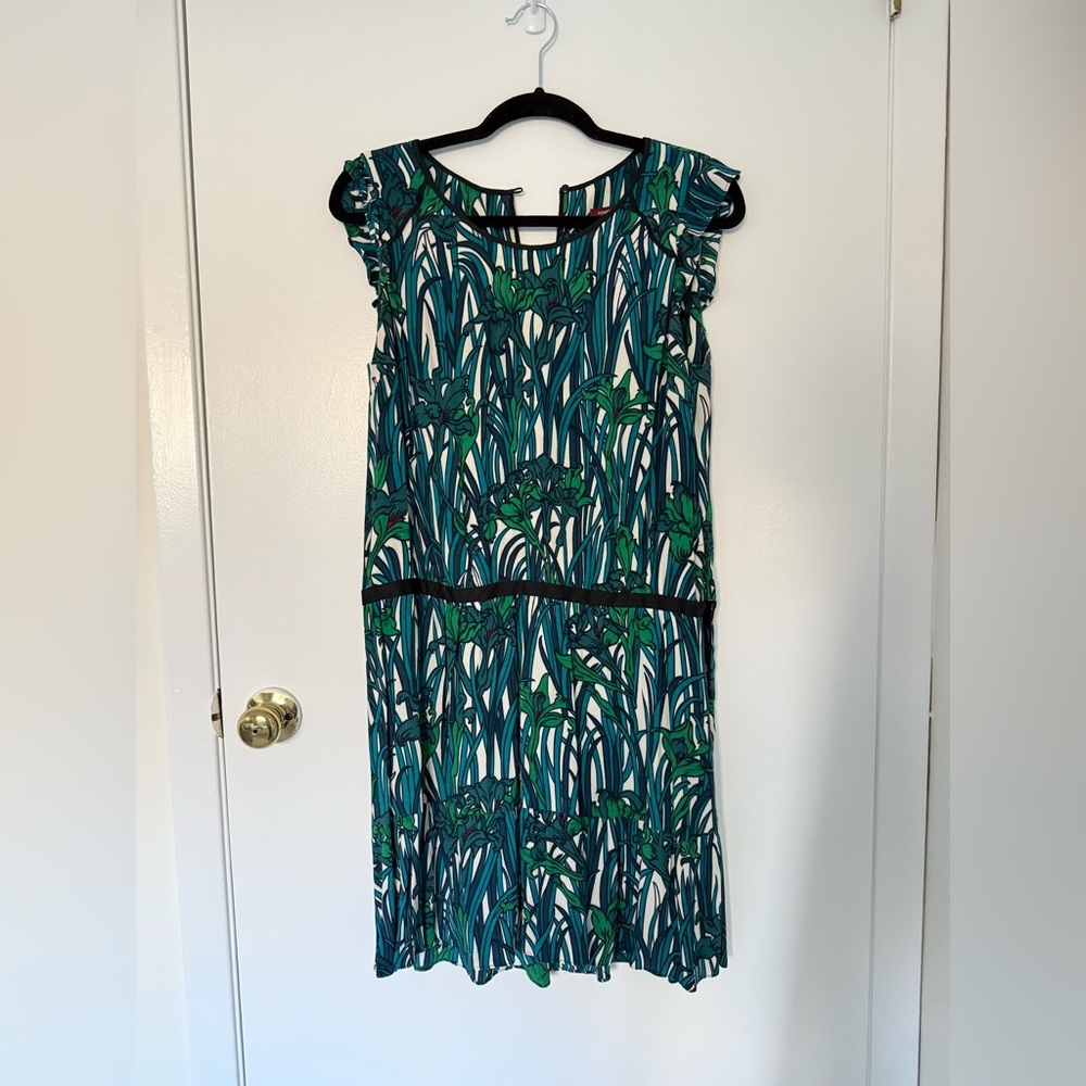 Comptoir Des Cotonniers Green and Blue Leaf Drop Waist Dress